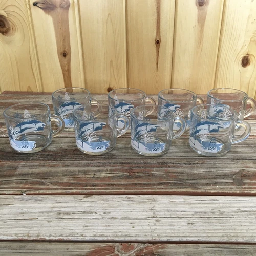 VTG Anchor Hocking Winter Tree Scene Coffee Mugs Set of 8 D13