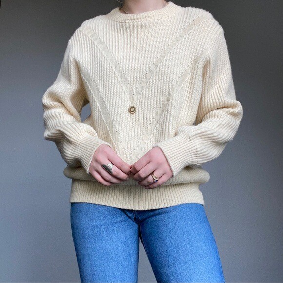 Vintage 80s Sakovitz Cream Wool Italian Fisherman Minimal Crewneck Sweater Sz M