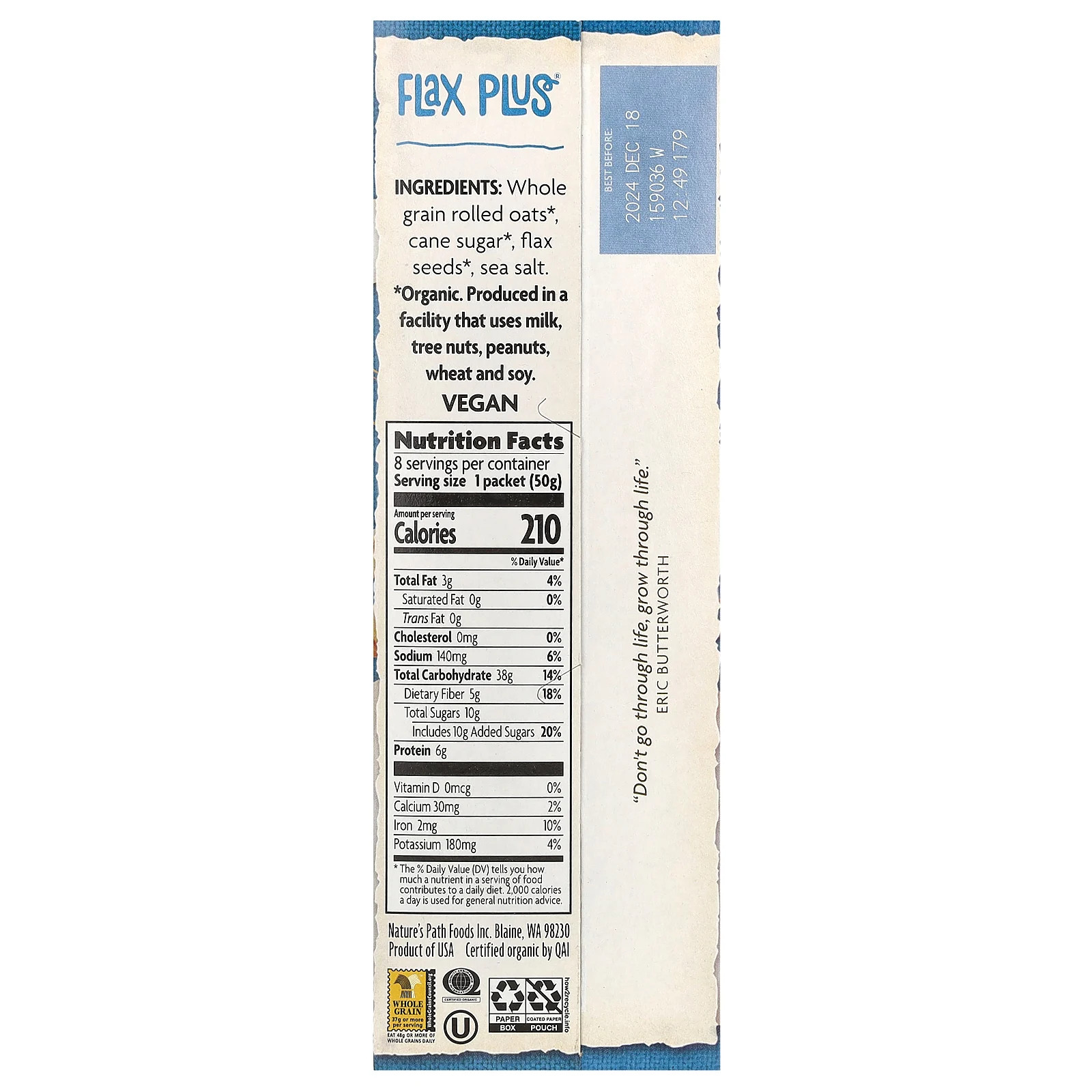 Organic Instant Oatmeal, Flax Plus, 8 Packets, 14 oz (400 g)