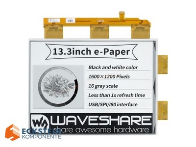 WaveShare 13.3'' e-Paper e-Ink Raw Display, 1600×1200, Schwarz/Weiß,16 Graustufen