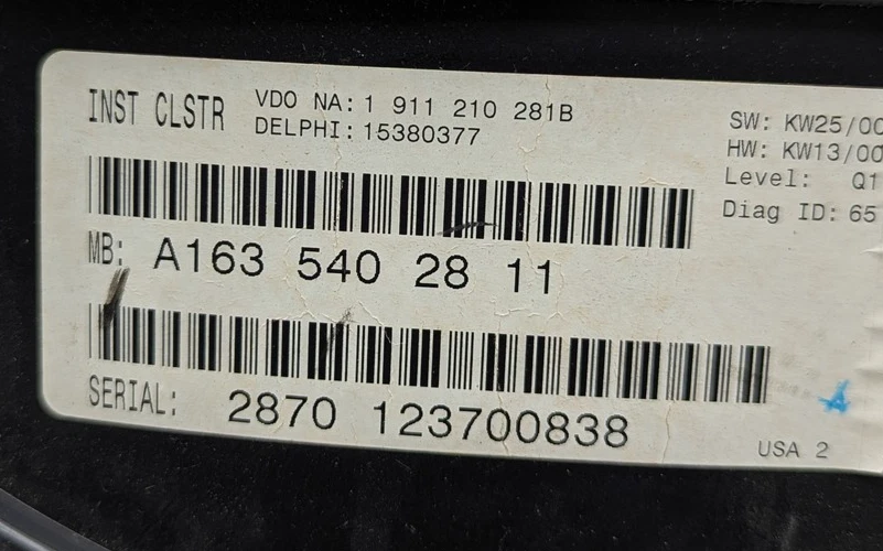 Cuadro de instrumentos velocímetro 98-01 Mercedes W163 ML320 ML430 OEM Foto 2 de 4