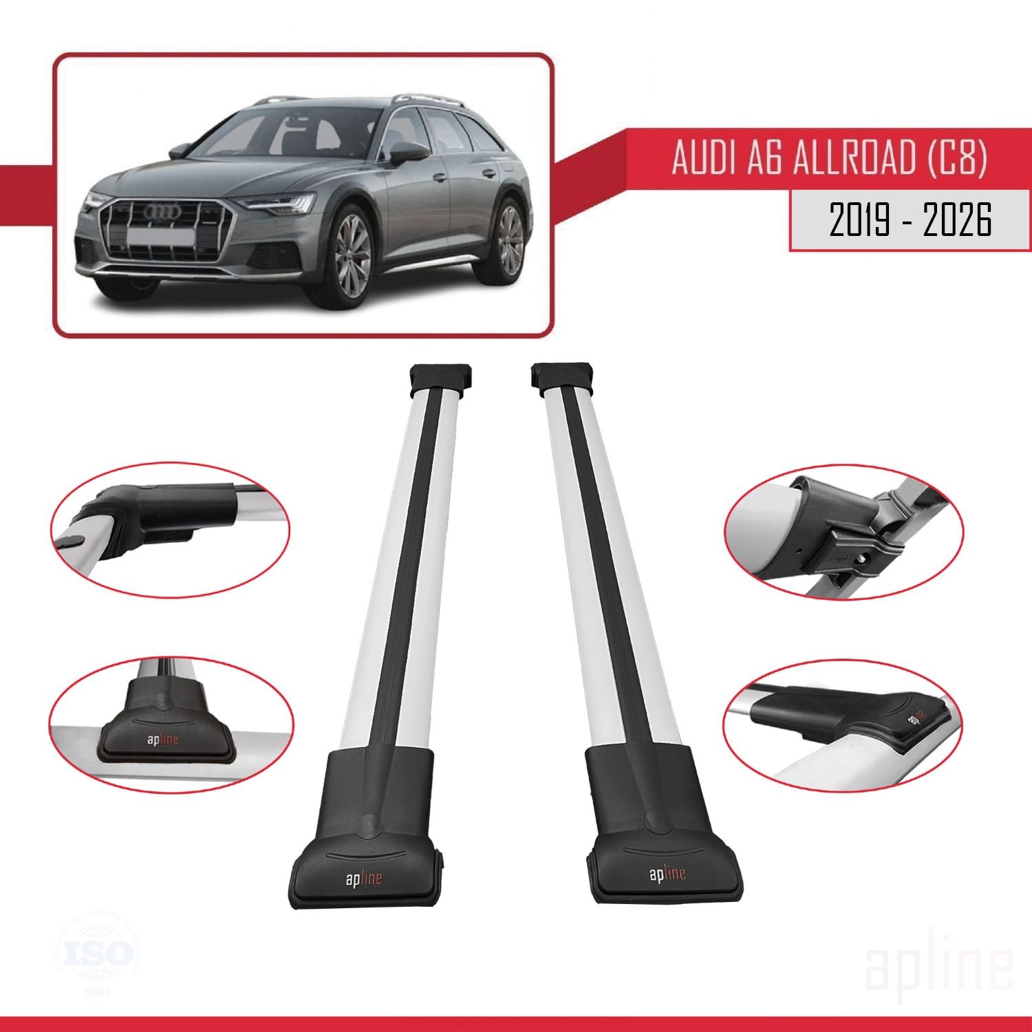 Barres de toit alu gris FLY Model pour rail de toit Audi A6 C8 Allroad 2019-2026