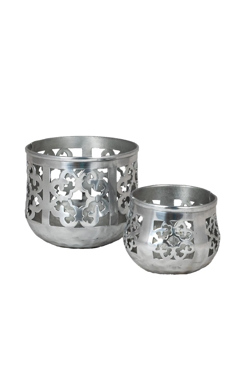 Set di 3 portacandele in alluminio argento, decorazione