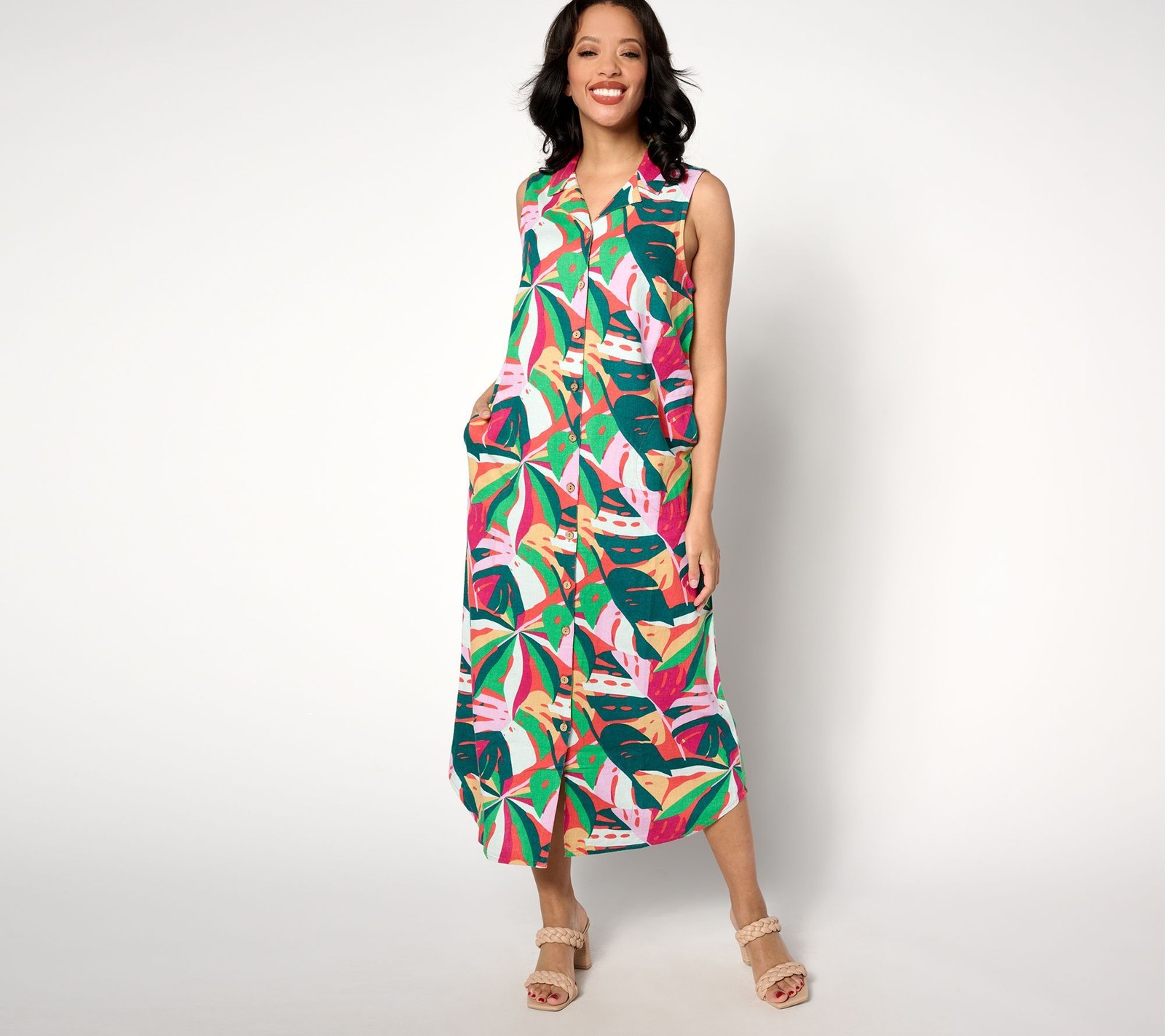 Studio Park Women's Petite Dress PM Printed Linen Shirtdress Pink A641710