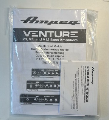 Ampeg Venture V3, V7 & V12 Bass Amp Quick Start Guide / Owner's Manual, NEW.