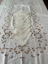 Stunning Vtg Embroidered Tablecloth Cutwork 67" x 102" W/ 7 Napkins