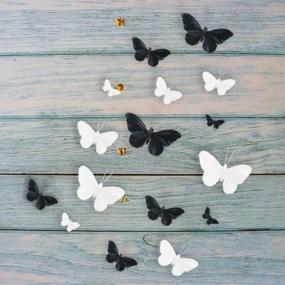 16 Pcs Feather Butterfly Decorations Realistic White & Black Butterfly Decor