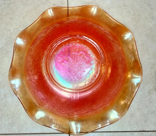 VTG Jeanette Orange Marigold Iridescent Carnival Glass Bowl Louisa Pattern- 9.5"