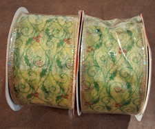 2 Rolls Christmas Traditions Gold Wired Ribbon Green Leaves Red Berries NEW