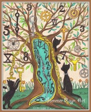 Adorable black cats playing with a tree clocks Greeting cards prints, 1090