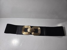 Wide Waist Womens Belt Black 3 Inch Width Flexible 1x Stretch Goldtone Buckle