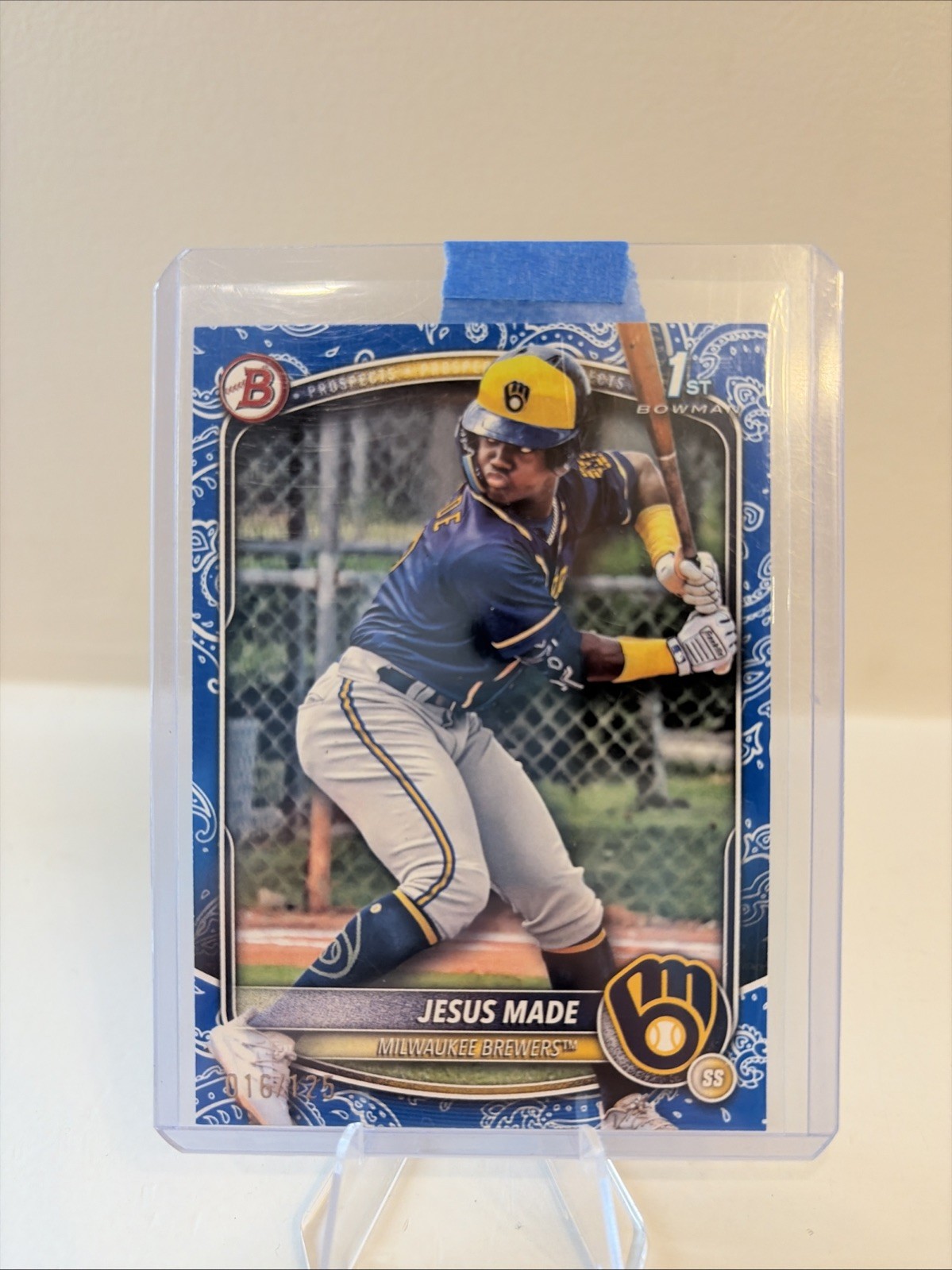 2025 Bowman Jesus Made Blue Pattern /125 #BP-66 Brewers 1st Bowman