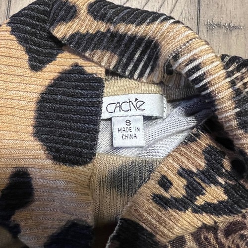 Cache Leopard Print Mock Neck Top Fitted Animal Print Small S - Picture 2 of 8