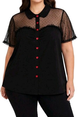 Belle Poque Womens 1X Black Sheer Mesh Blouse Heart Buttons Retro Pin Up Top