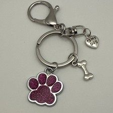 Dog Paw Print Keychain Pink Glitter Charm Silver Tone Lobster Clasp Gift