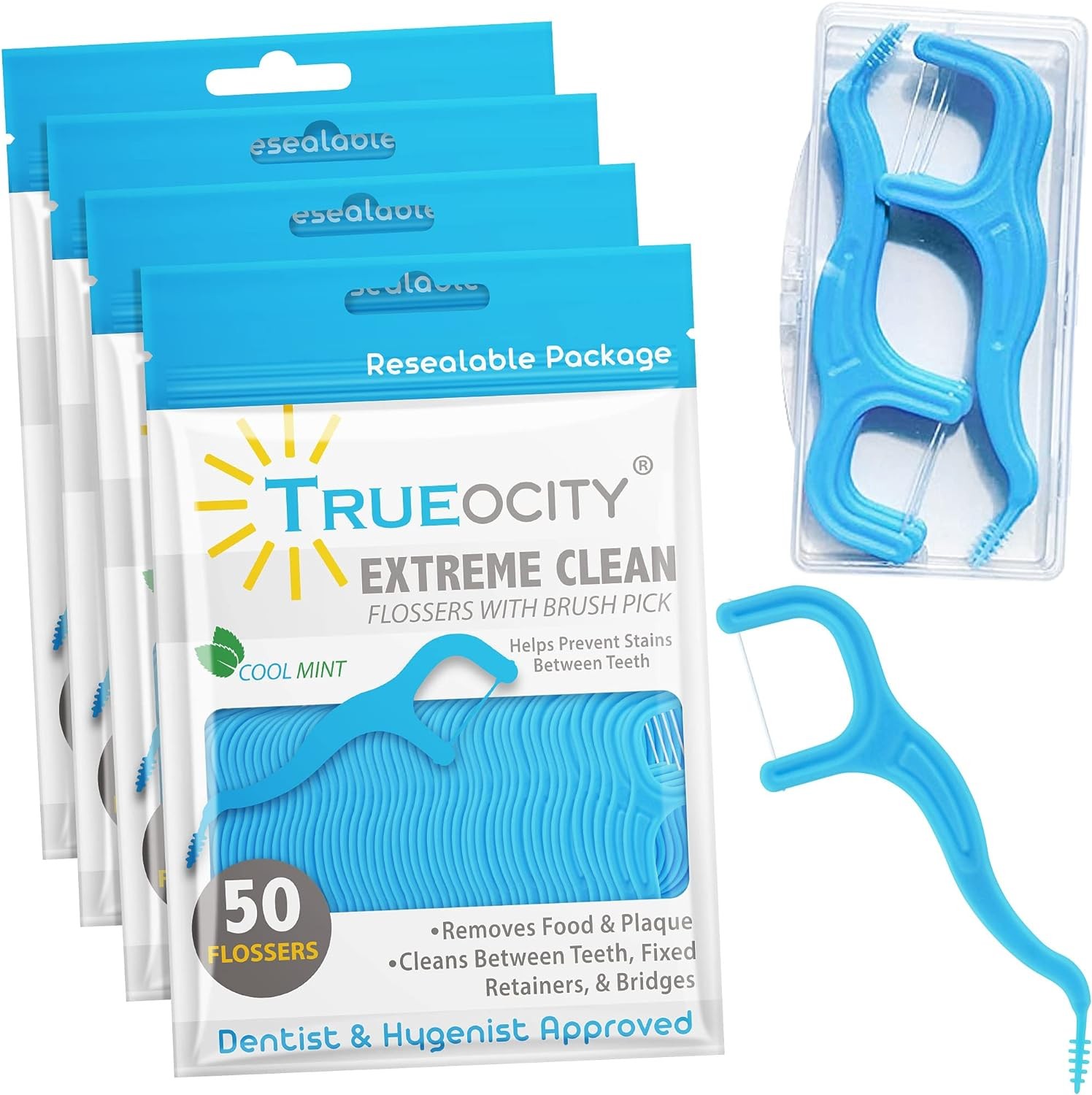 Trueocity Dental Flossers Brush Picks 4 Pack w/Travel 50 Count (Pack of 4) 