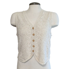 Vintage 70s Crocheted Cropped Vest Size S Cotton Beige Ecru Hippie Boho