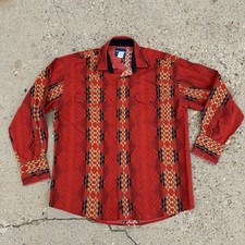 Vintage Wrangler Western Shirt Men s Pearl Snap Aztec Print Cowboy Red Rodeo