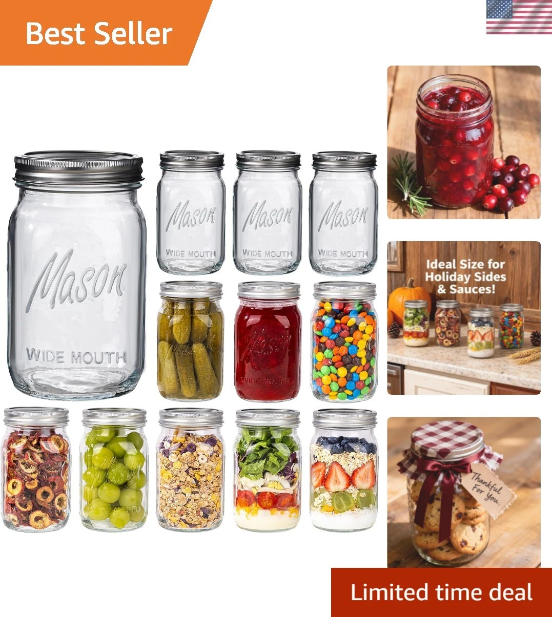 Wide Mouth Mason Jars, 12 Pack Mason Jars 32 oz for Pickling, Canning, Fermen...