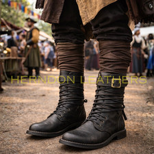 Black Medieval Renaissance Boots Men Mid Calf Leather Viking LARP Pirate Boots