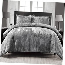Crinkle Velvet Comforter Set, 3 Pieces Crinkle Velvet Face and Queen Grey