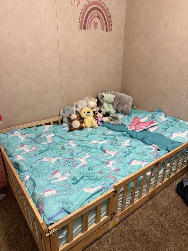 Kids Double/Full Wood Bed Frame, Brown Solid Rectangular Design, With Slats