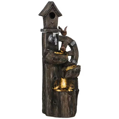 2-In-1 Tiered Water Fountain with Birdhouse, Outdoor Waterfall Fountain with LED