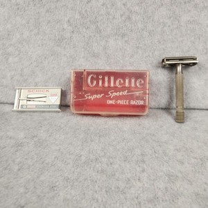 Vintage Gillette Super Speed One-Piece Razor with Case & Schick Blades USA 1960s