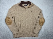 Chaps Sweater Mens XL Beige Mock Neck Henley Suede Elbow Patches Knit Pullover