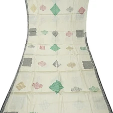 Namaste Vintage Cream Sarees 100% Pure Silk Printed Indian Sari 4YD Craft Fabric