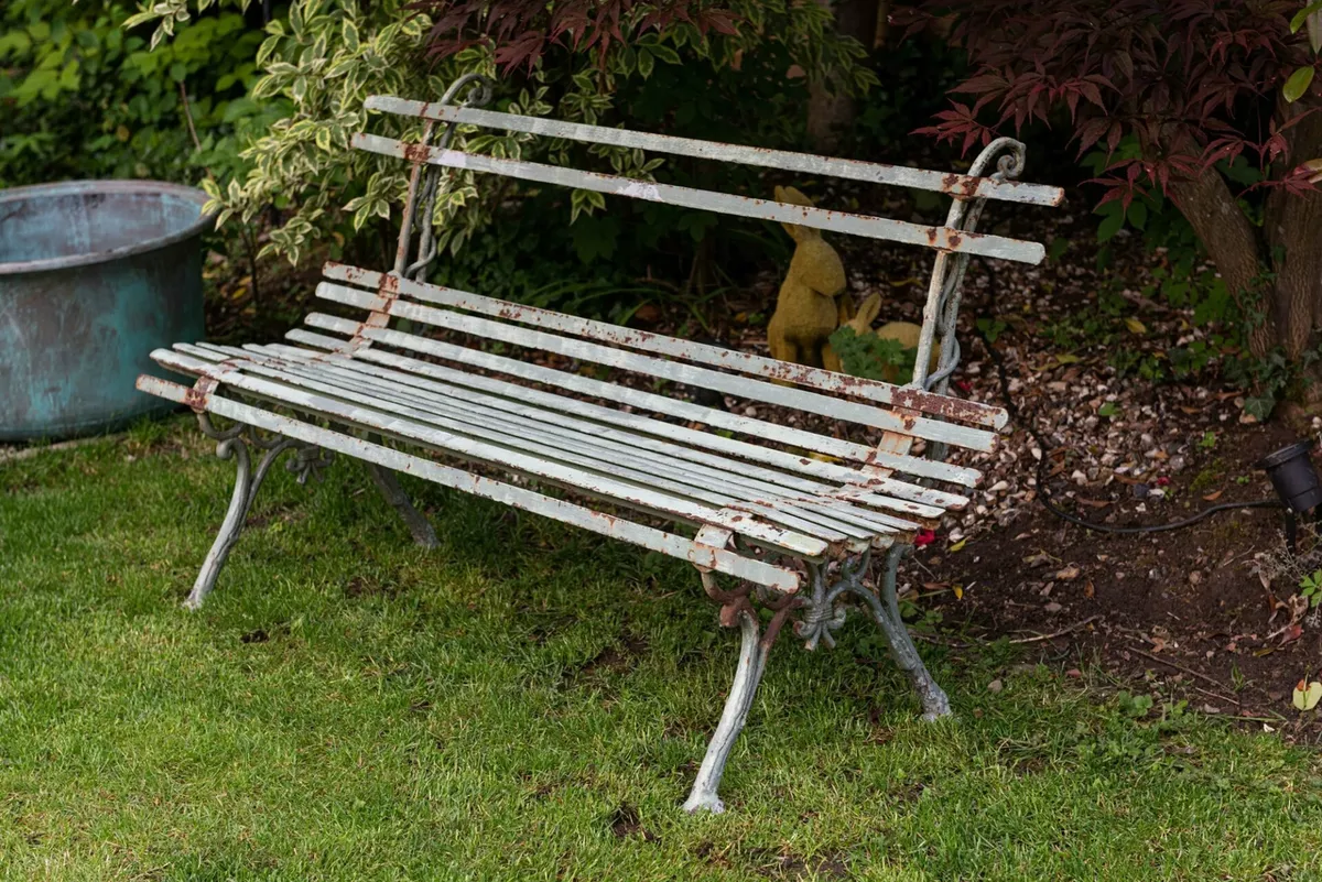 French Cast Iron Strapwork Garden Bench. Circa 1940