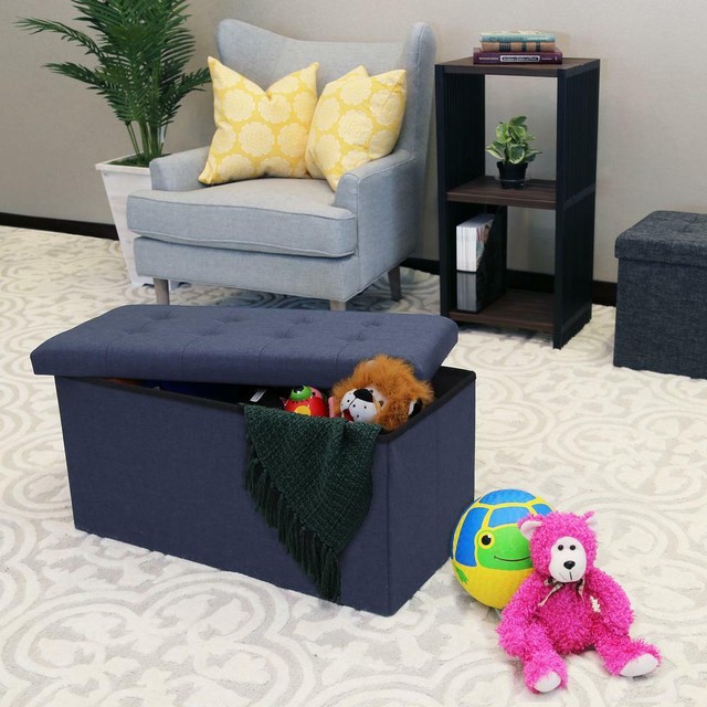 Seville Classics Foldable Tufted Storage Bench Ottoman, Midnight Blue