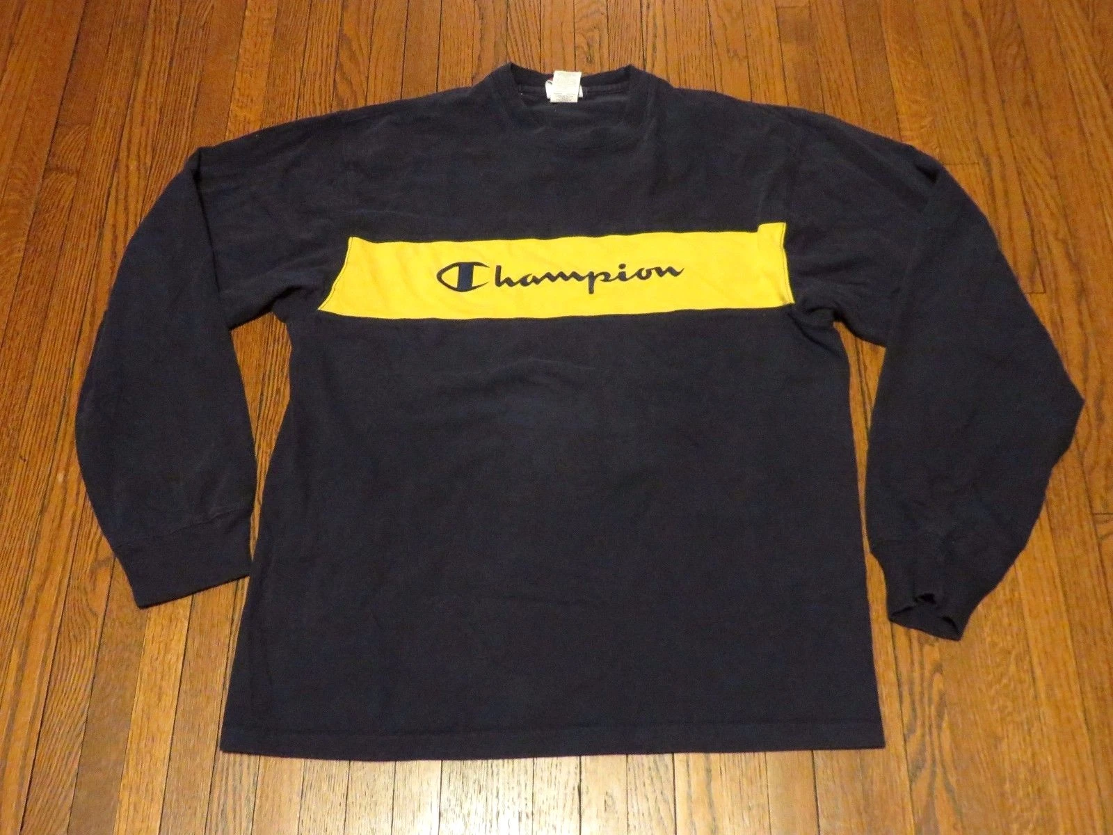 Men's VTG 90's Champion Script Logo Navy Blue Yellow Long Sleeve T Shirt sz L