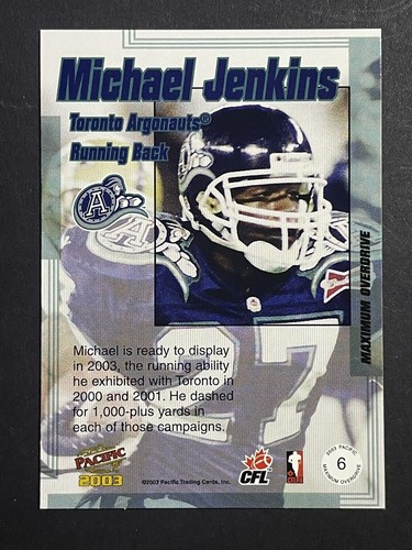 2003 Pacific CFL Michael Jenkins Maximum Overdrive Insert Card Toronto Argonauts - Picture 2 of 2