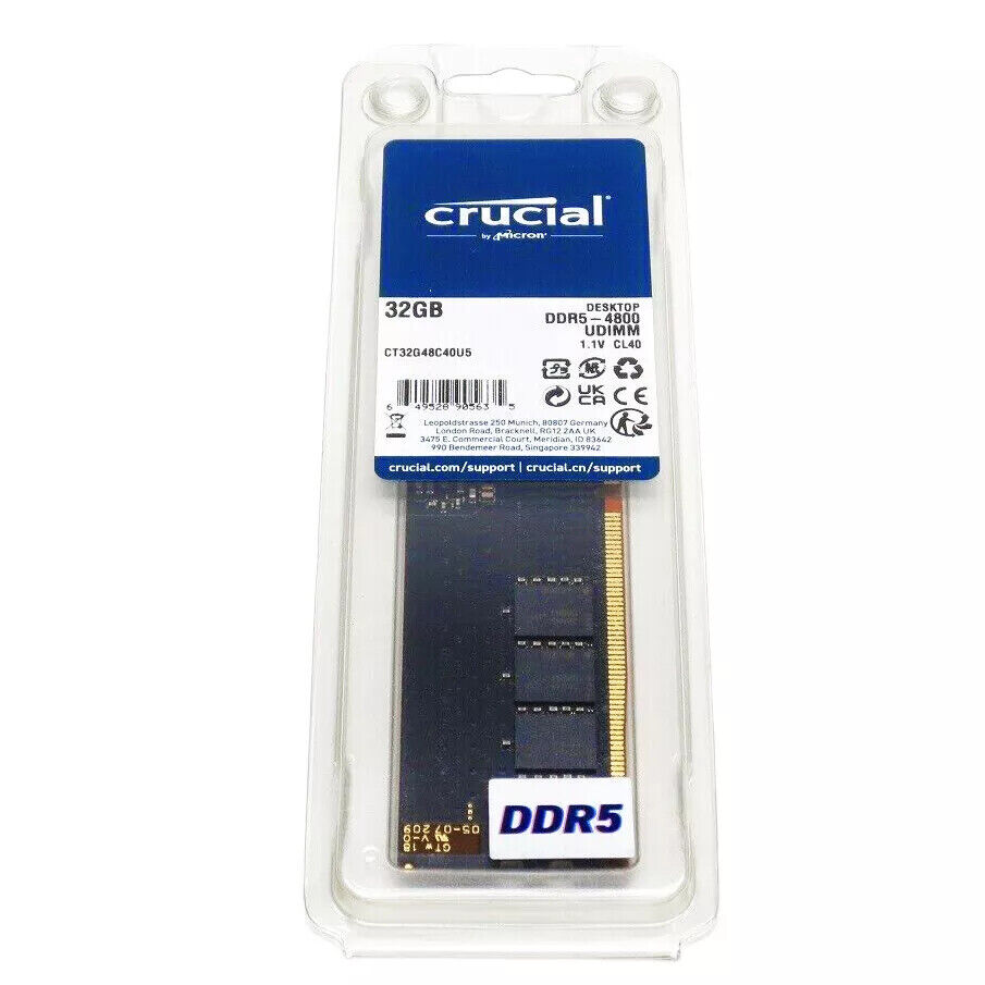 CRUCIAL CT32G48C40U5 32GB DDR5 4800MHz PC5-38400 RAM 288-Pin CRUCIAL CT32G48C40U5 32GB DDR5 4800MHz PC5-38400 RAM 288-Pin