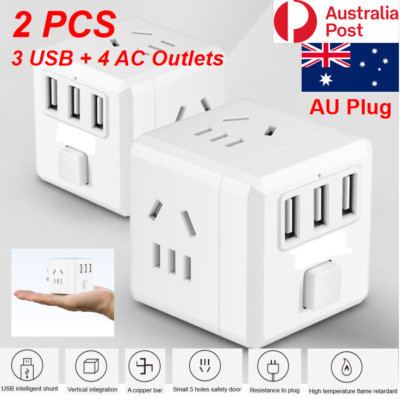 2PCS Cube Power Board Strip Adapter 3 USB+4 Socket 7in1 Wall Charger W/Surge AU