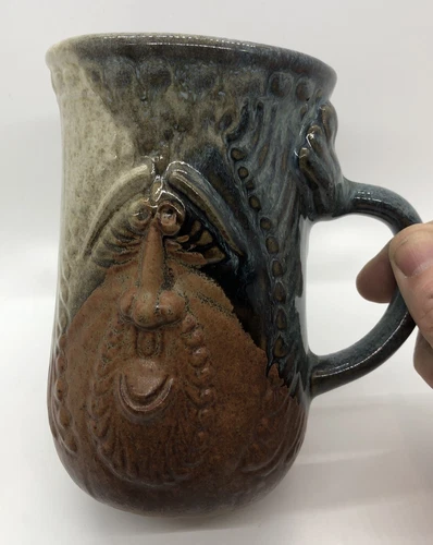 Vintage Pottery Craft Stoneware Face Mug Coffee Cup Bearded Goatee Smile