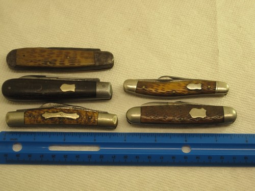 5 vintage knives lot,W.H. Morley,Schrade Walden,H. Boker & Sons,bone,repair lot