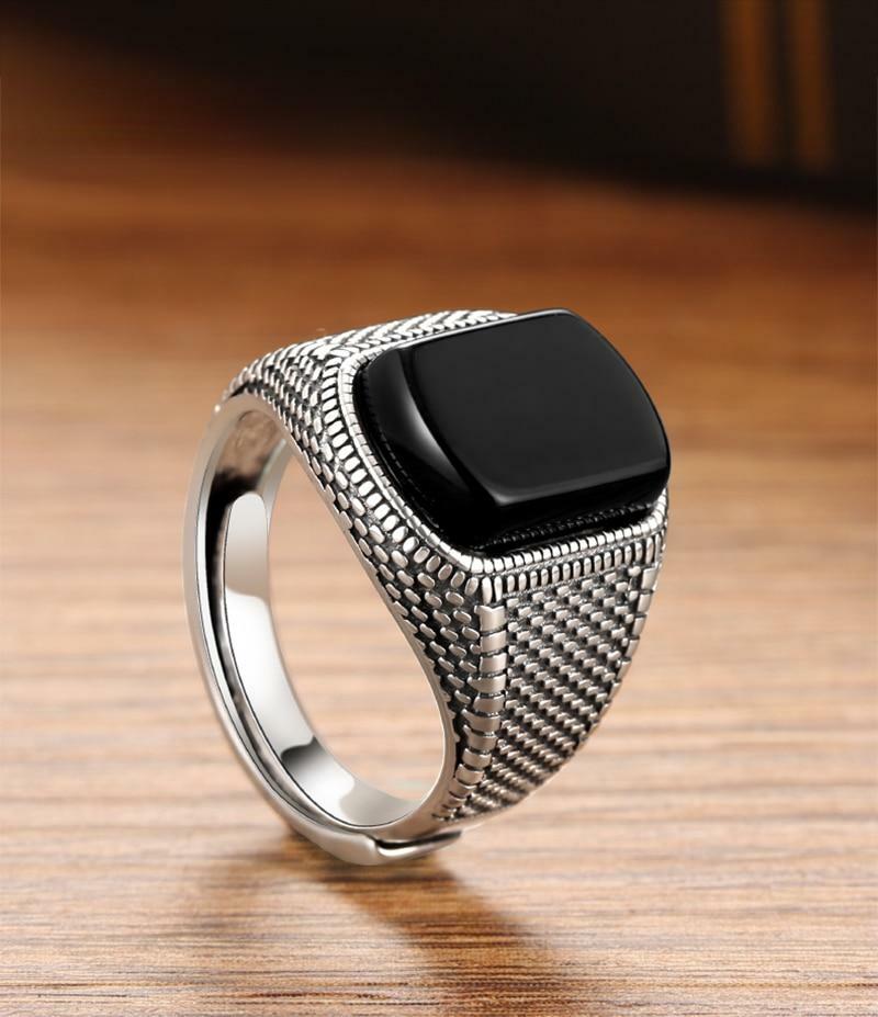 Bague Pour Homme En Argent Massif 925 Avec Pierre Noire Zirconium - Style Vintage Et Tendance - Neuf Avec étiquettes