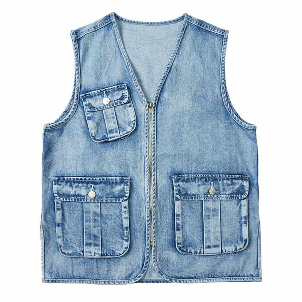 Men Denim Vest Jeans Multi Pocket Utility Waistcoat Men Denim Vest Jeans Multi Pocket Utility Waistcoat