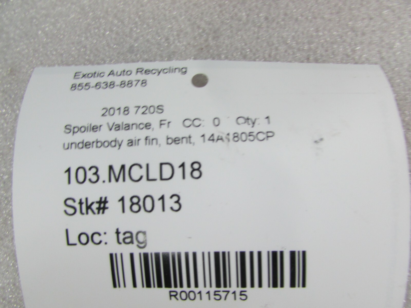 McLaren 720S, Underbody Air Fin, Damaged, Used P/N 14A1806CP
