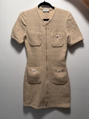 SANDRO PARIS Nadege Tweed Short Dress FULL ZIP BEIGE Sz 36