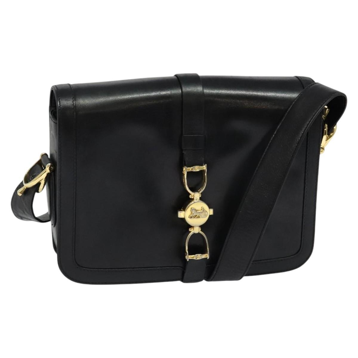 CELINE Black Leather Shoulder Bag with Gold Hardware Auth mr1261
