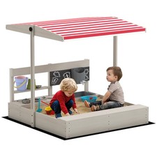 Outsunny Kids Wooden Sandbox w/ Canopy, Kitchen Toys, Seat, Storage, for Outdoor