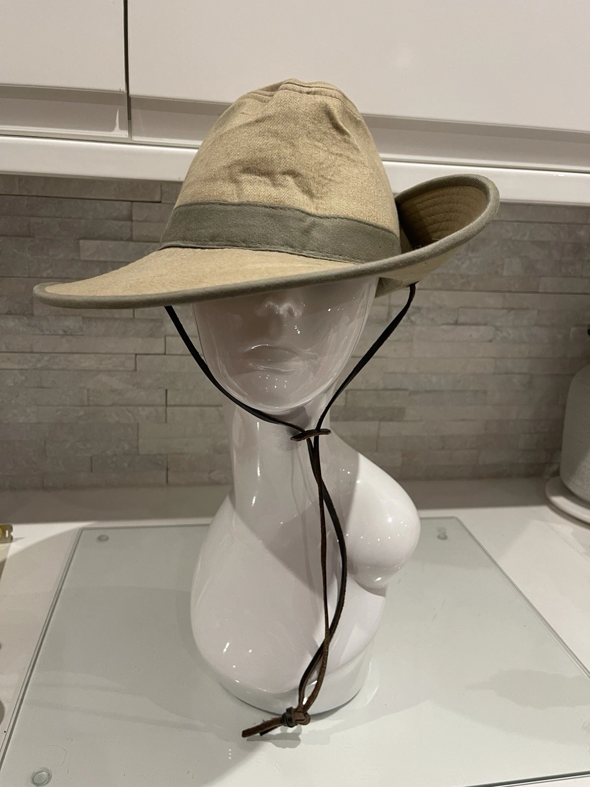 Cov-ver Medium Popper Brim Chin Strap Tan Khaki Beige Cowboy Sun Hat Festival