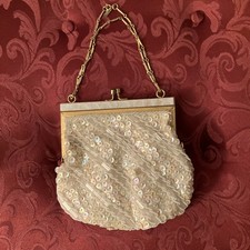 Vintage Sequin Beaded Clutch White Hand beaded Bridal Wedding White Gold