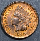 1908 1C INDIAN HEAD BRONZE CENT KM# 90a Grade:  AU+/BU  A7300
