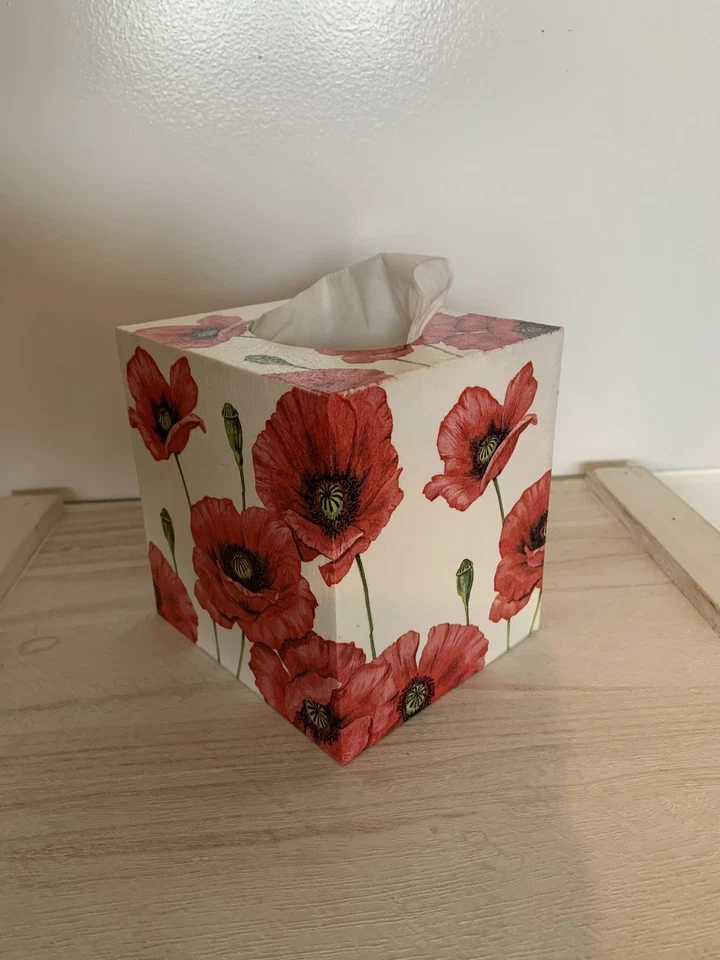 Poppy style tissue Box wooden handmade decoupaged - Image 1 of 4