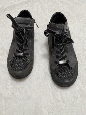 Ara Gray Suede High Top Sneakers Studded Hidden Wedge Shoes US 7.5 Velvet Laces