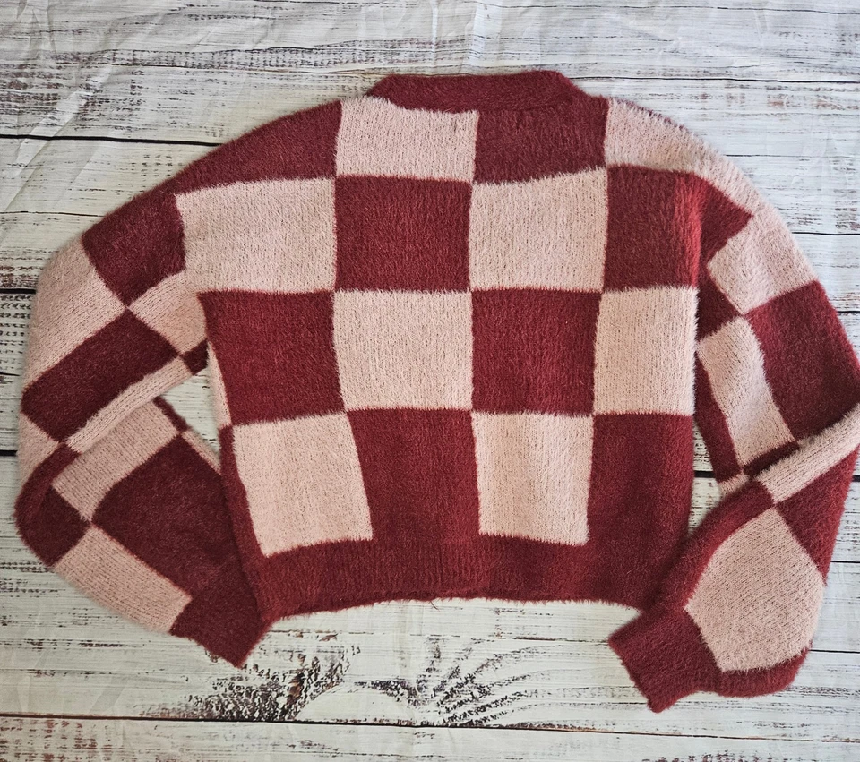 Suéter Cárdigan Recortado A Cuadros Difuso Casi Famoso Rosa Rojo Para Mujer’s M Foto 2 de 4